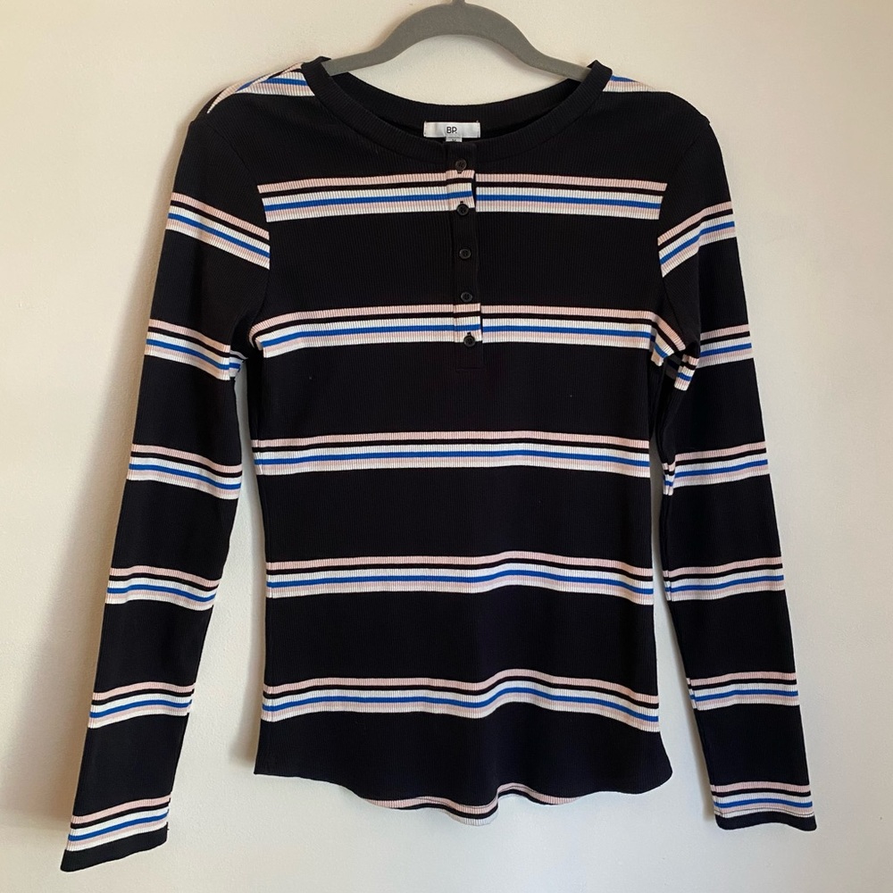 Ribbed Striped Long Sleeve Button up Tunic
